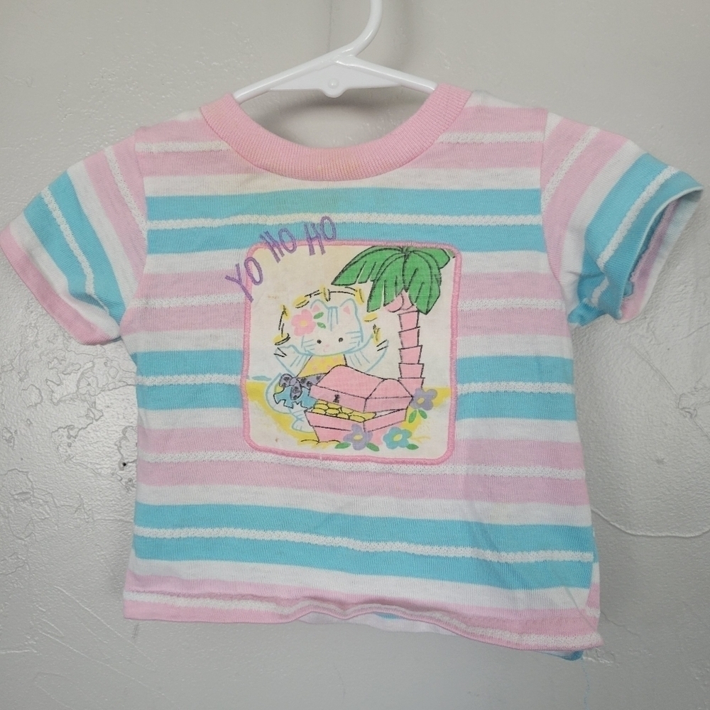 Kidstuff Vintage Baby Girl 12 Months Blue Pink White Striped Short Sleeve Shirt